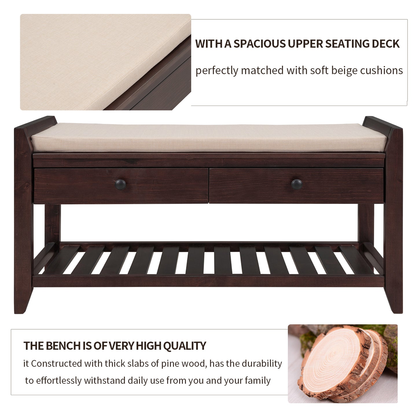 Shoe Rack Storage Bench with Cushioned Seat & Drawers, Espresso