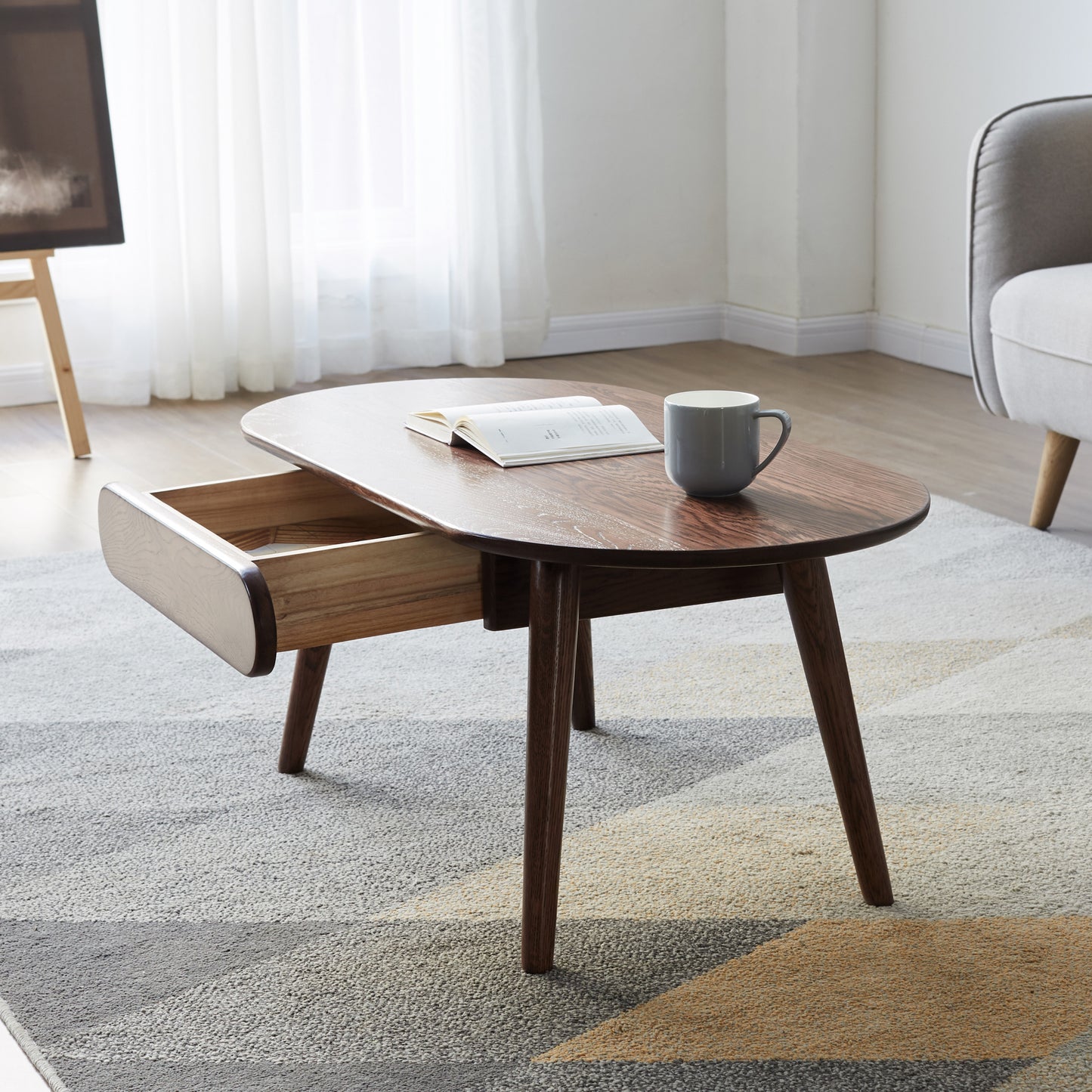 Solid Oak 40" Capsule Coffee Table with 2 Drawers, Dark Oak