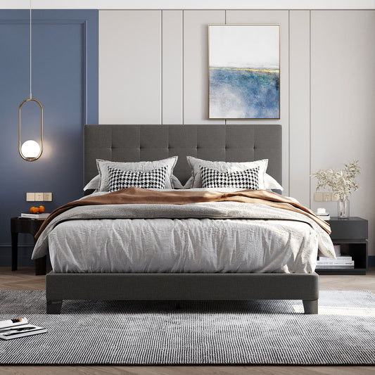 Upholstered Platform Bed Frame with Button Tufted Dark Grey Linen Headboard, Queen