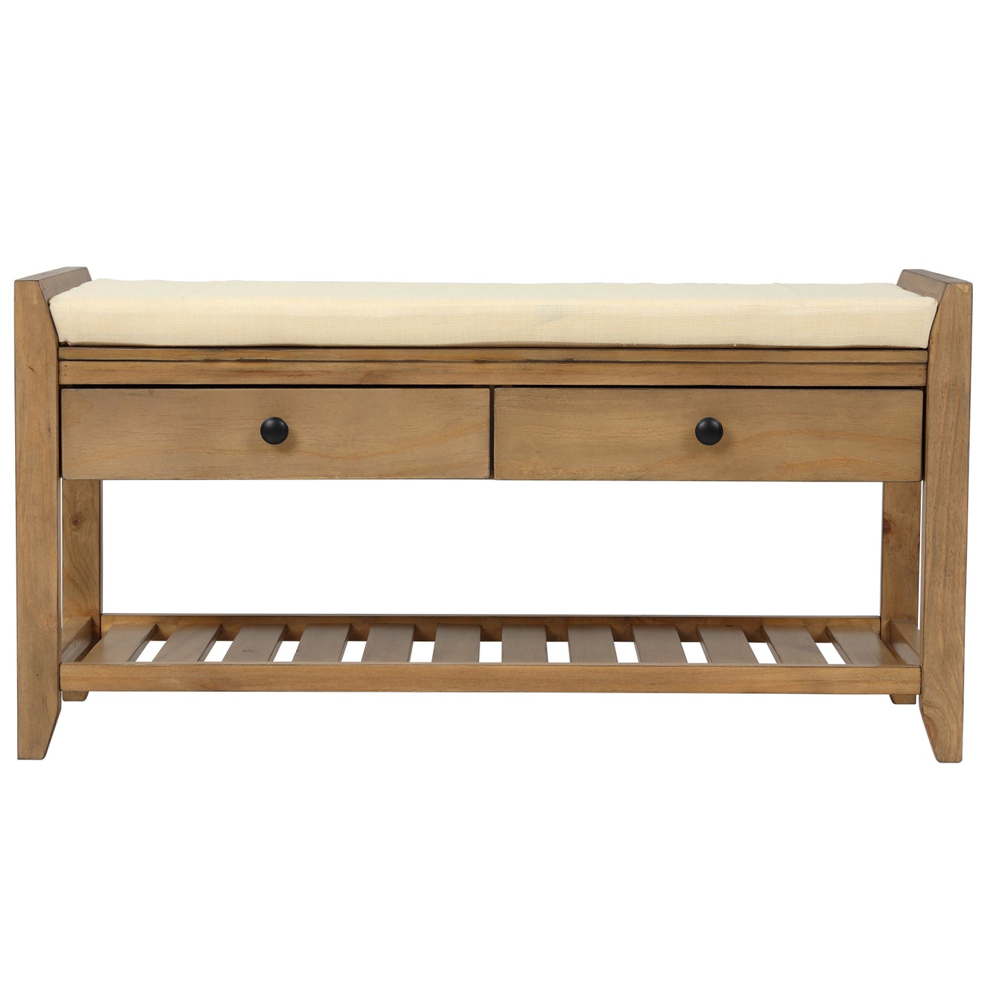 Shoe Rack Storage Bench with Cushioned Seat & Drawers, Old Pine