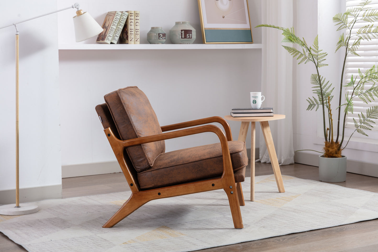 Wood Frame Accent Armchair With Pu Cushion, Coffee