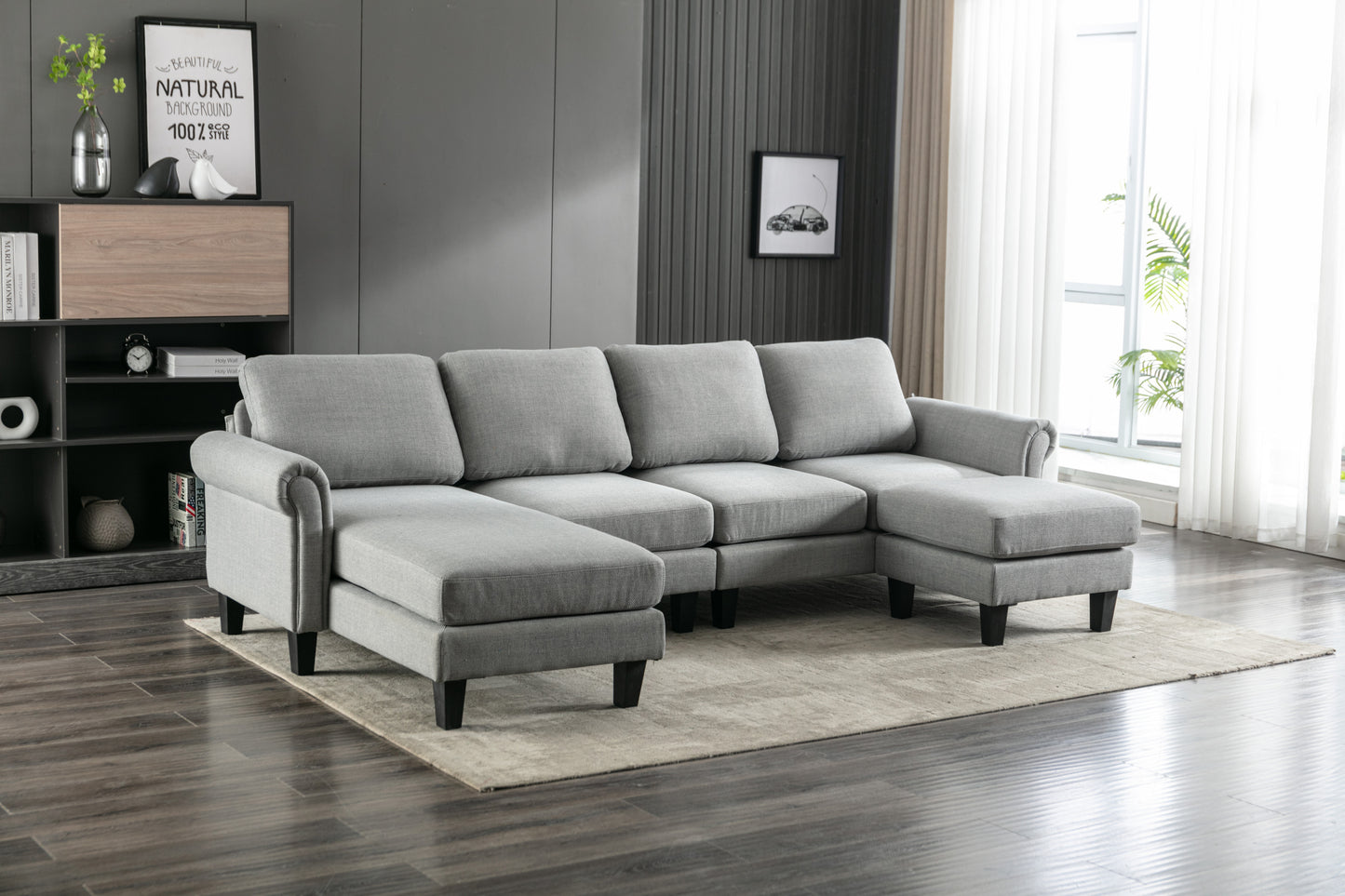 Linen Upholstered Sectional Sofa and Ottoman, Light Grey