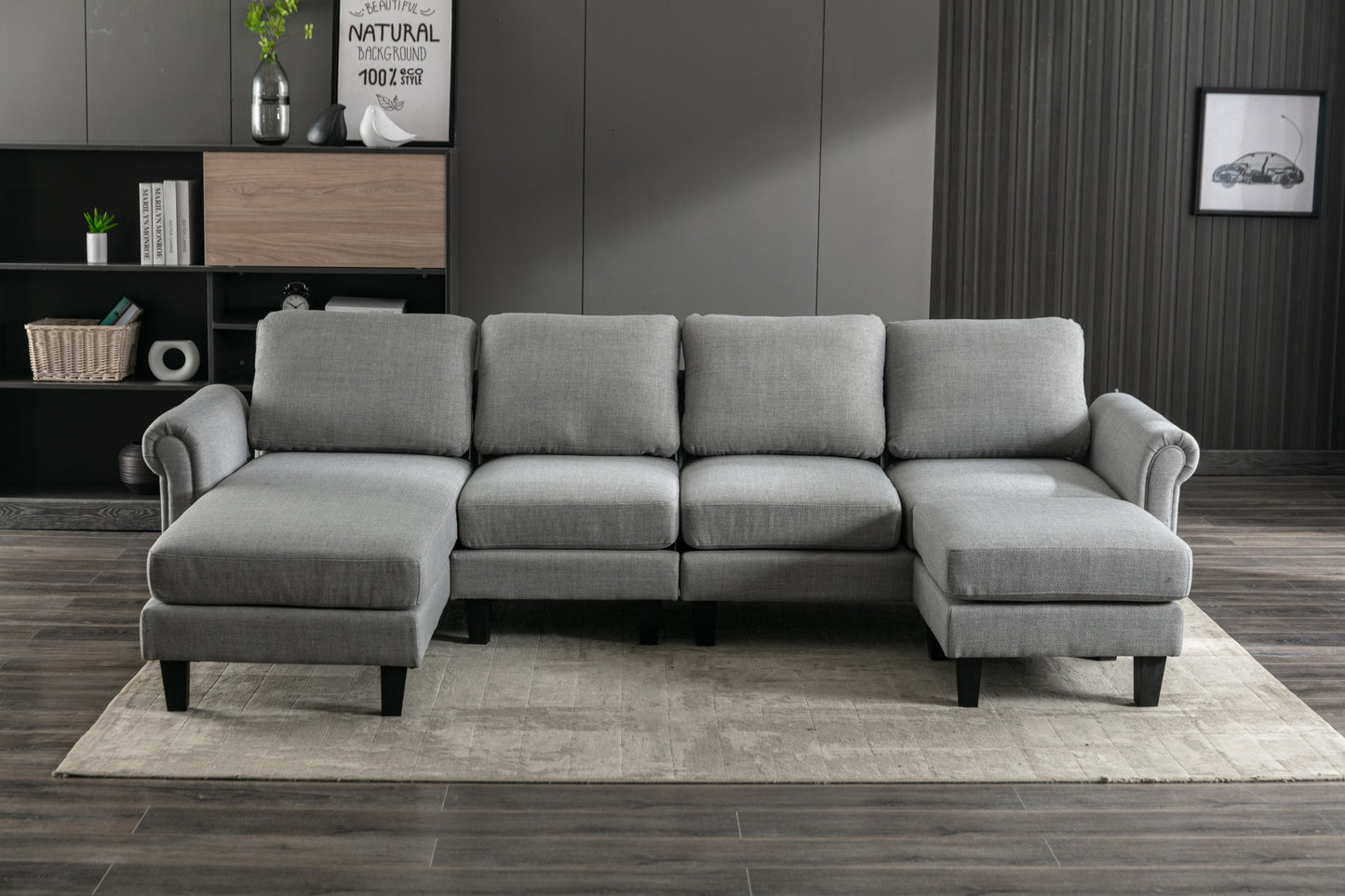 Linen Upholstered Sectional Sofa and Ottoman, Light Grey