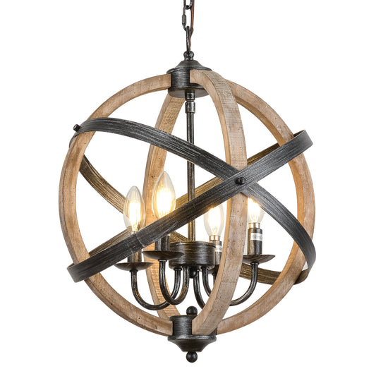 Farmhouse Global Cage Chandelier with 4-Lights Fixtures, Natural Wood & Metal