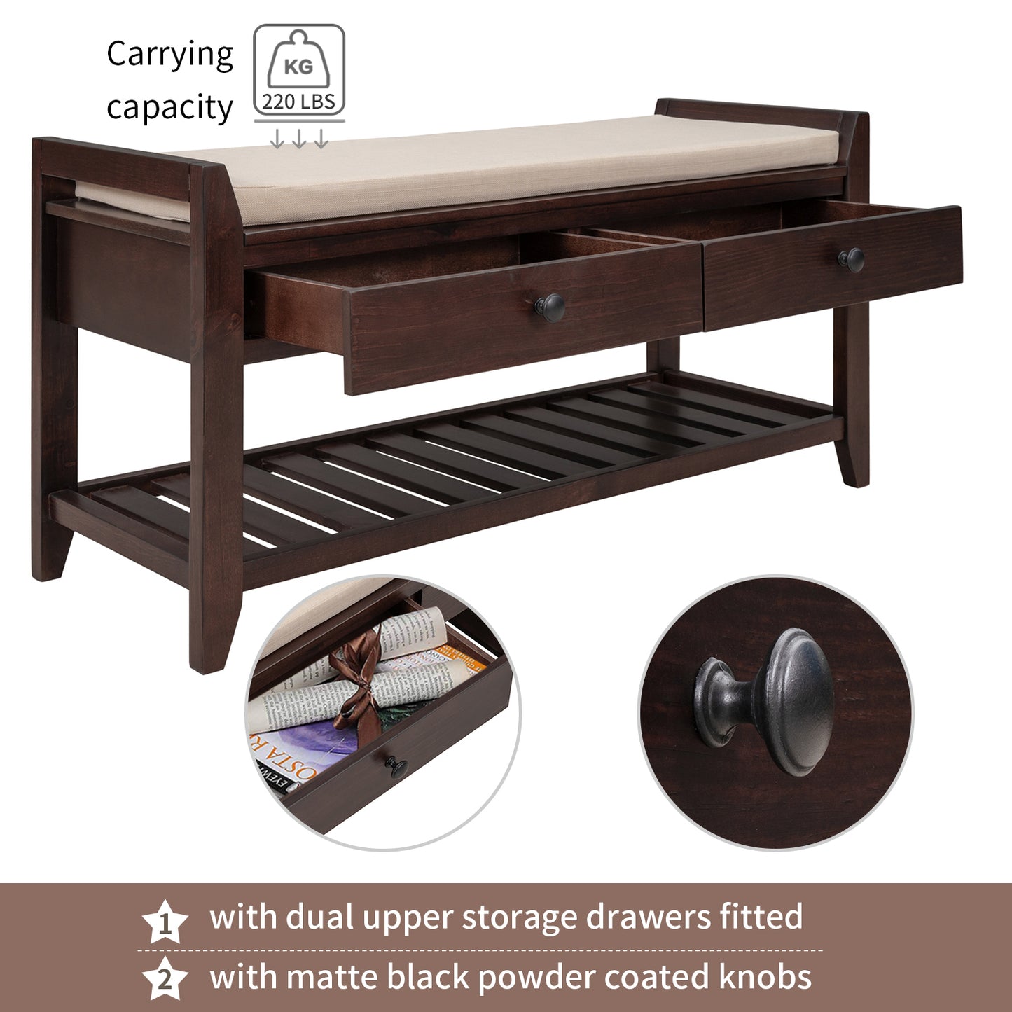 Shoe Rack Storage Bench with Cushioned Seat & Drawers, Espresso