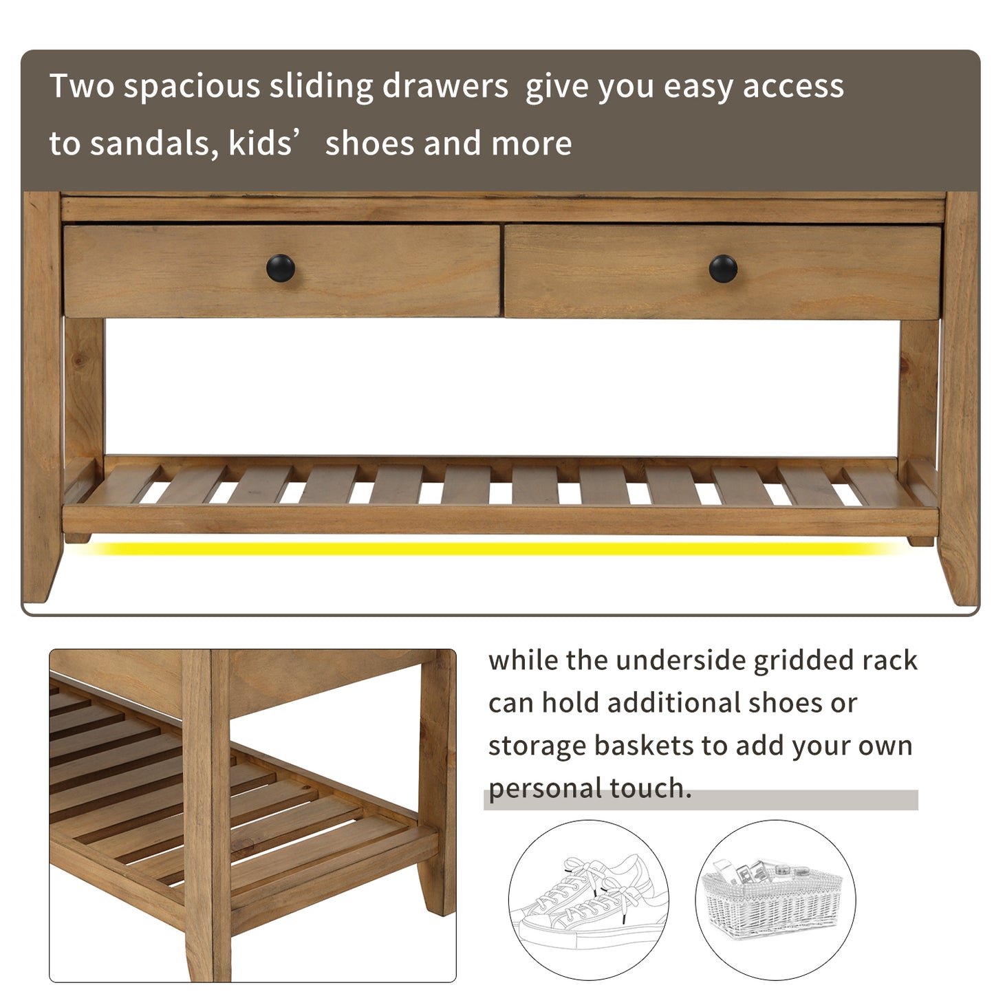 Shoe Rack Storage Bench with Cushioned Seat & Drawers, Old Pine