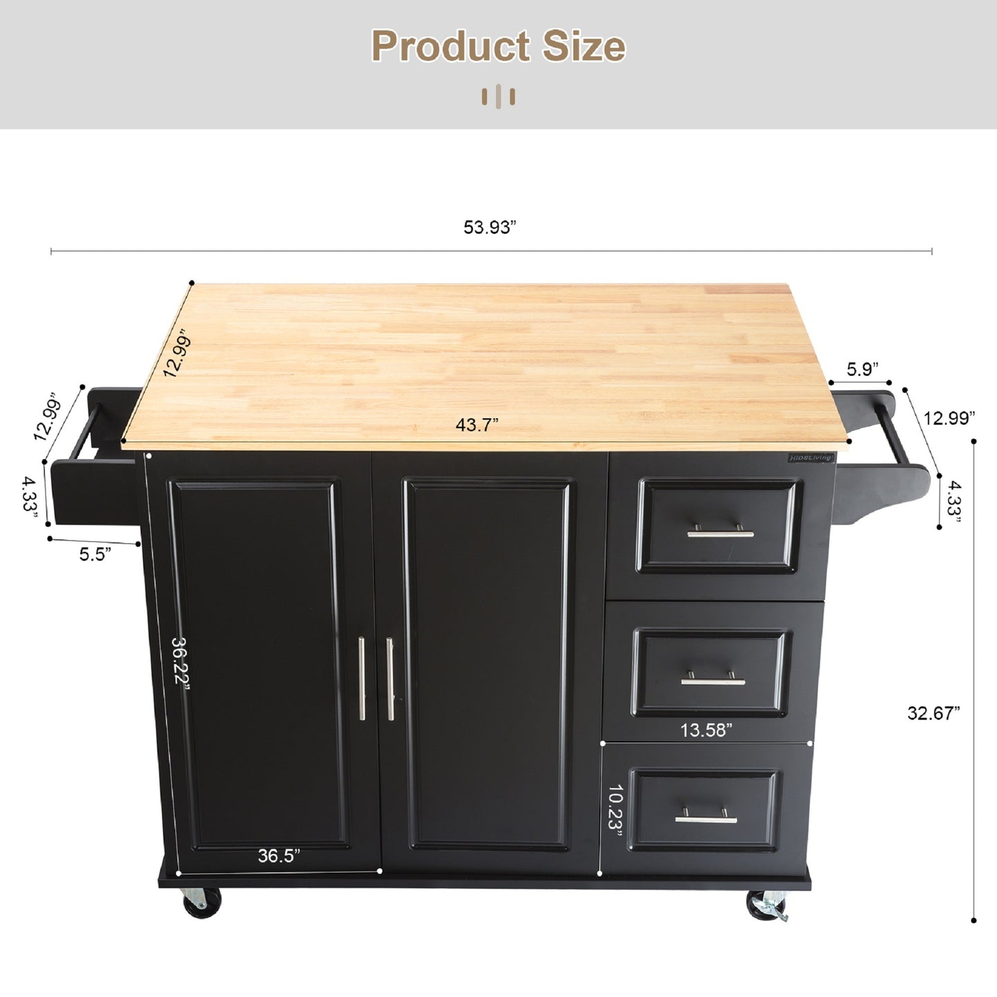 Mobile Kitchen Island Sideboard with Extensible Table Top, Black-Beech