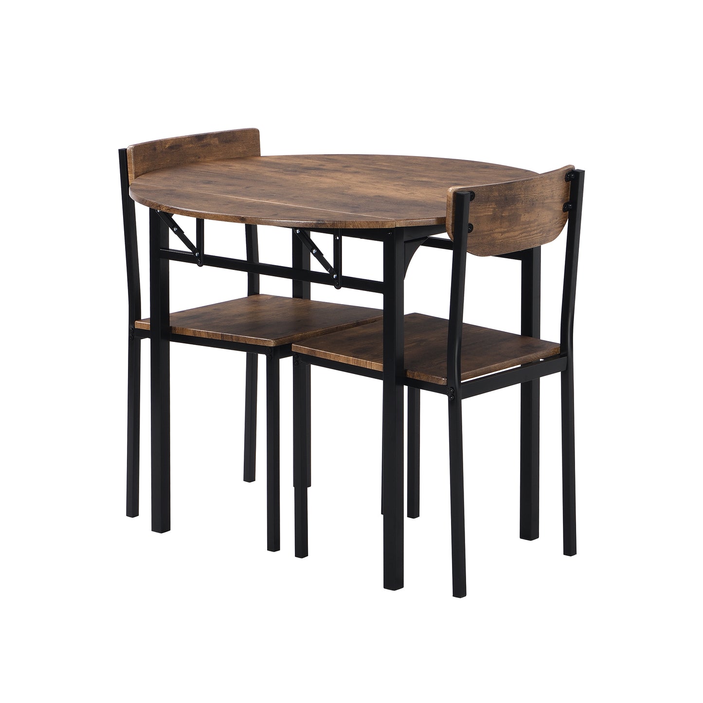 Compact 3-Piece Round Dining Table Set w/ Drop Leaf & 2 Chairs, Black Frame / Rustic Brown Finish