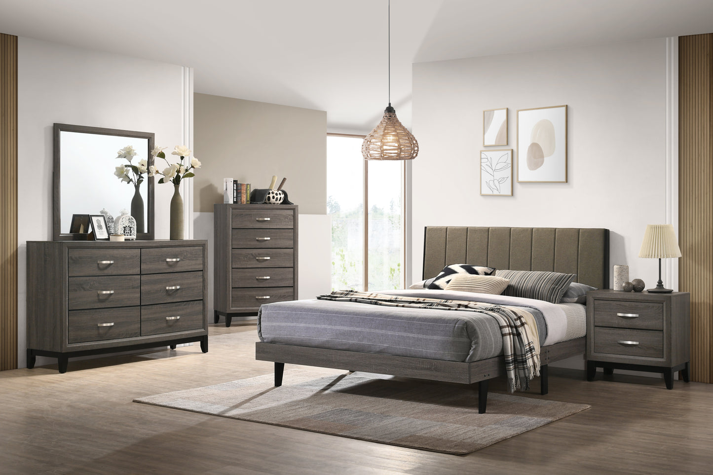 Valdemar Queen Bed, Brown Fabric & Weathered Gray Finish