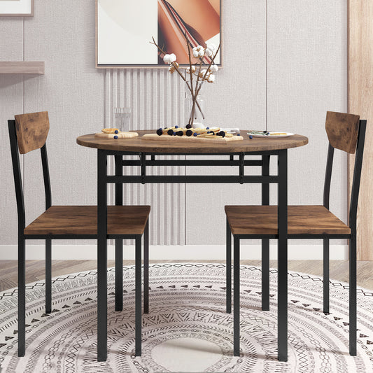 Compact 3-Piece Round Dining Table Set w/ Drop Leaf & 2 Chairs, Black Frame / Rustic Brown Finish