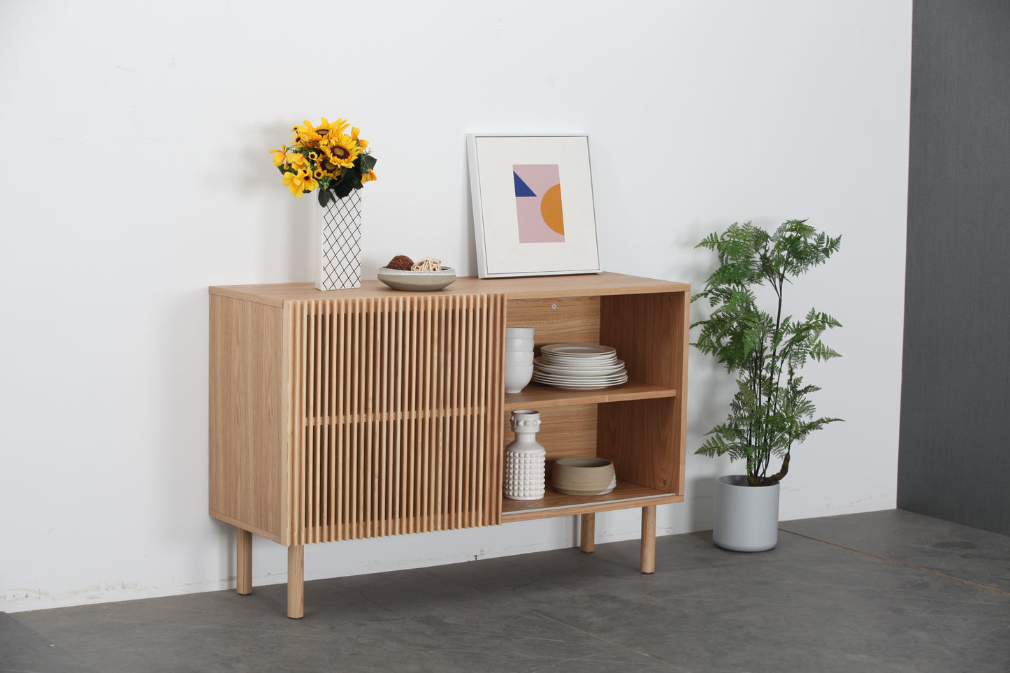 Modern Wooden Sideboard with Sliding Door, Walnut