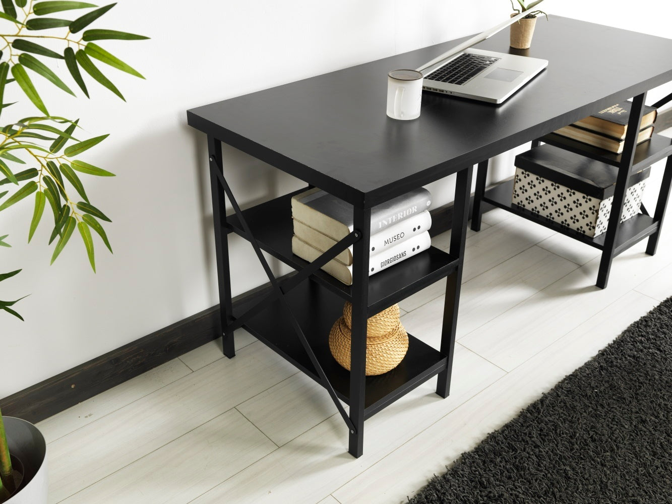 Wooden Top Extra Wide 60" Metal Frame Desk with 4 Shelves, Black