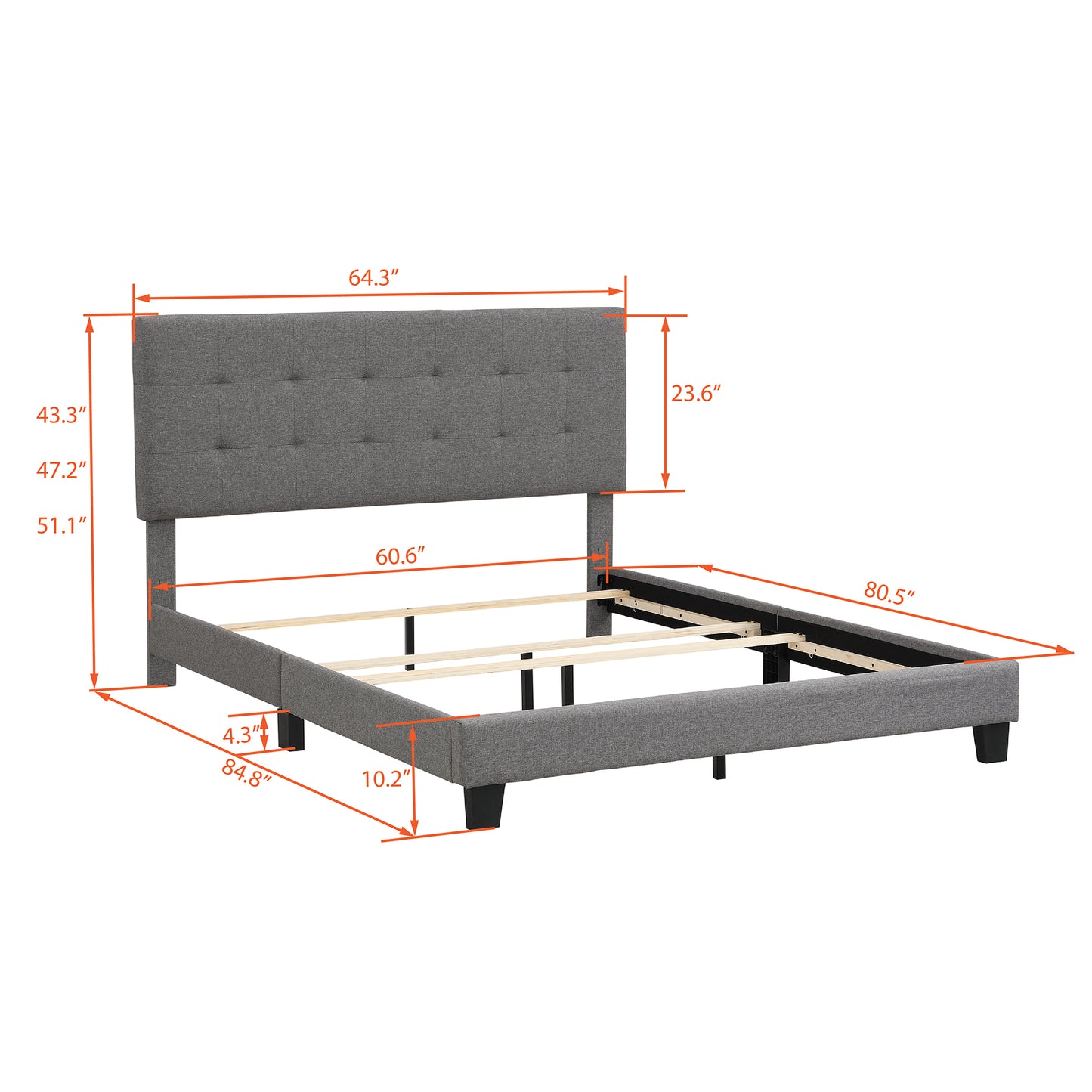 Upholstered Platform Bed Frame with Button Tufted Dark Grey Linen Headboard, Queen