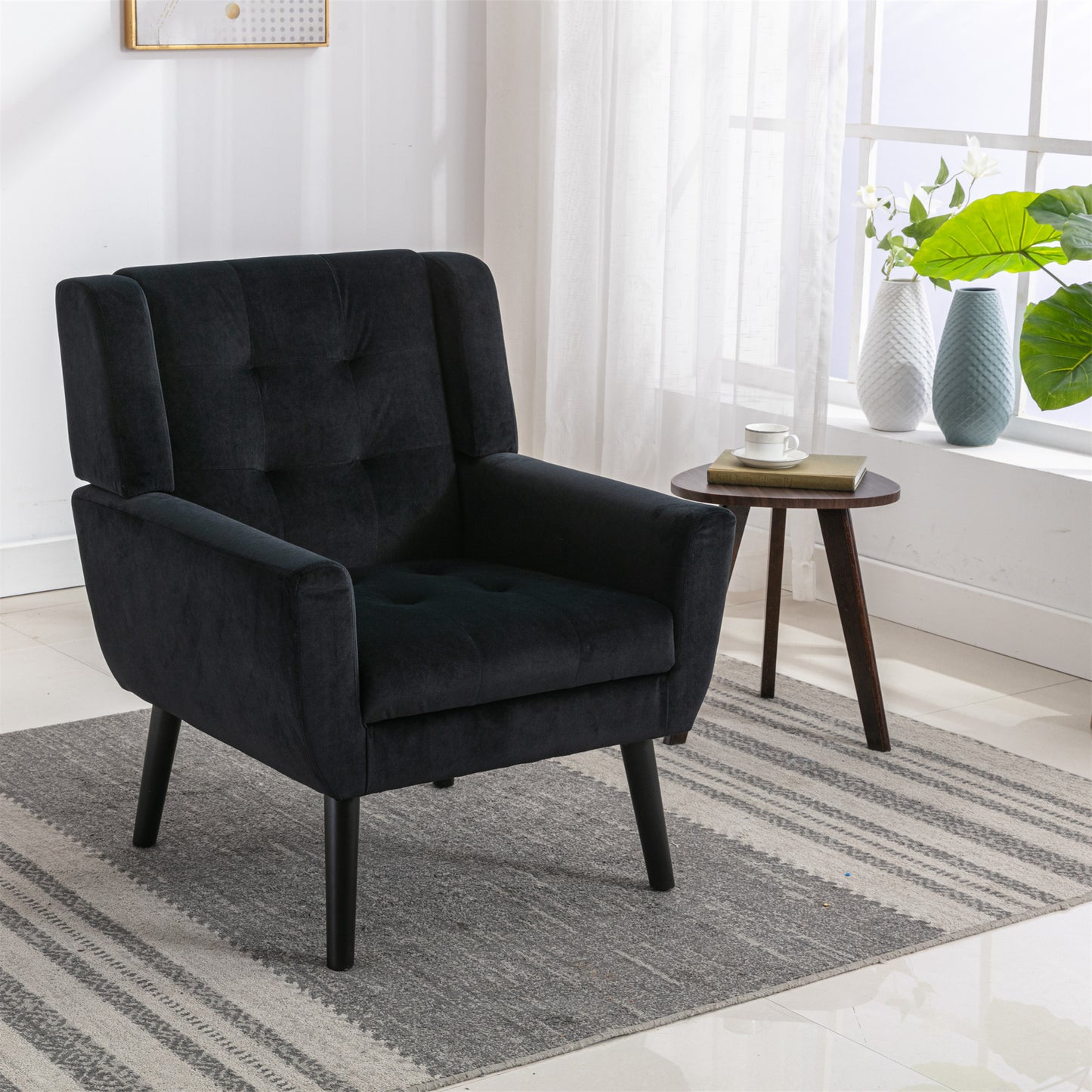 Soft Velvet Accent Chair With Black Legs, Black