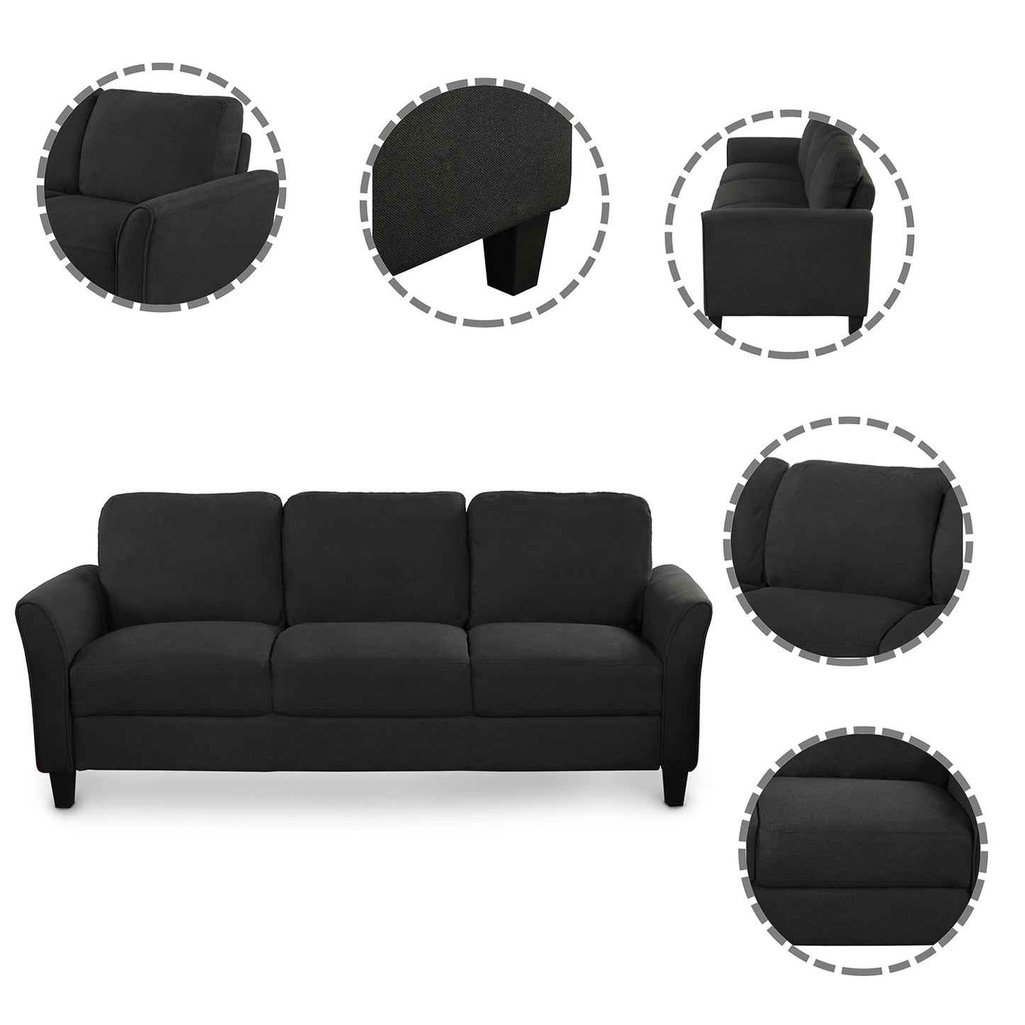 Linen Fabric 3-Seat Sofa, Black