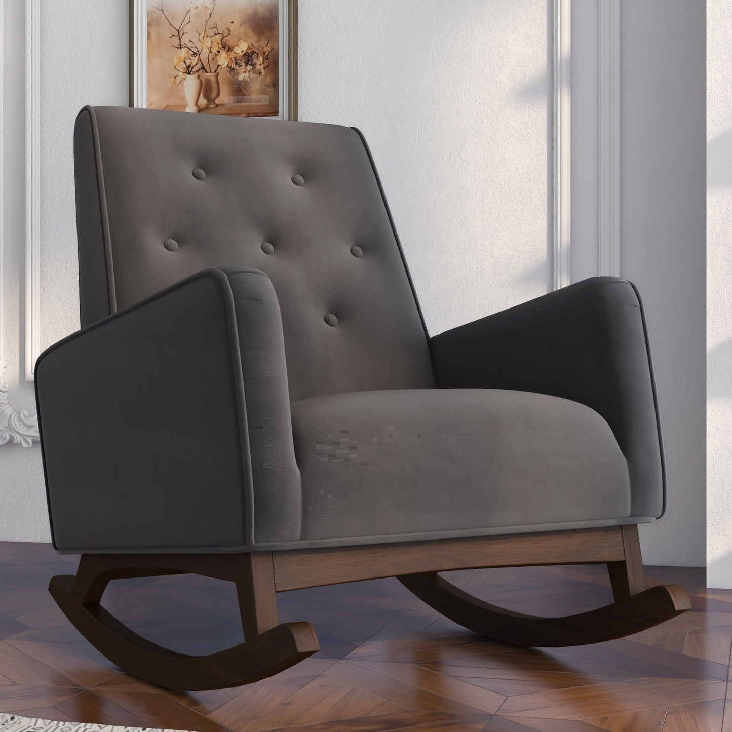 Velvet Fabric Rocking Chair, Dark Grey 