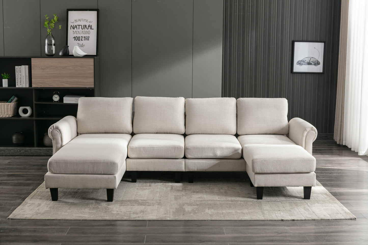 Linen Upholstered Sectional Sofa and Ottoman, Beige