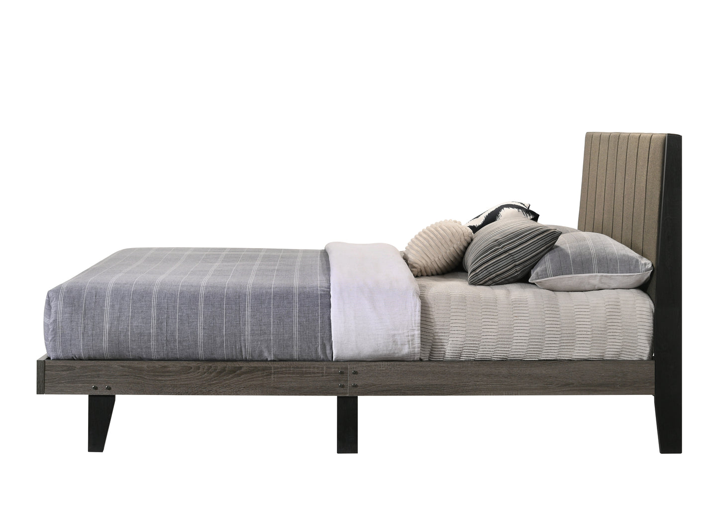 Valdemar Queen Bed, Brown Fabric & Weathered Gray Finish