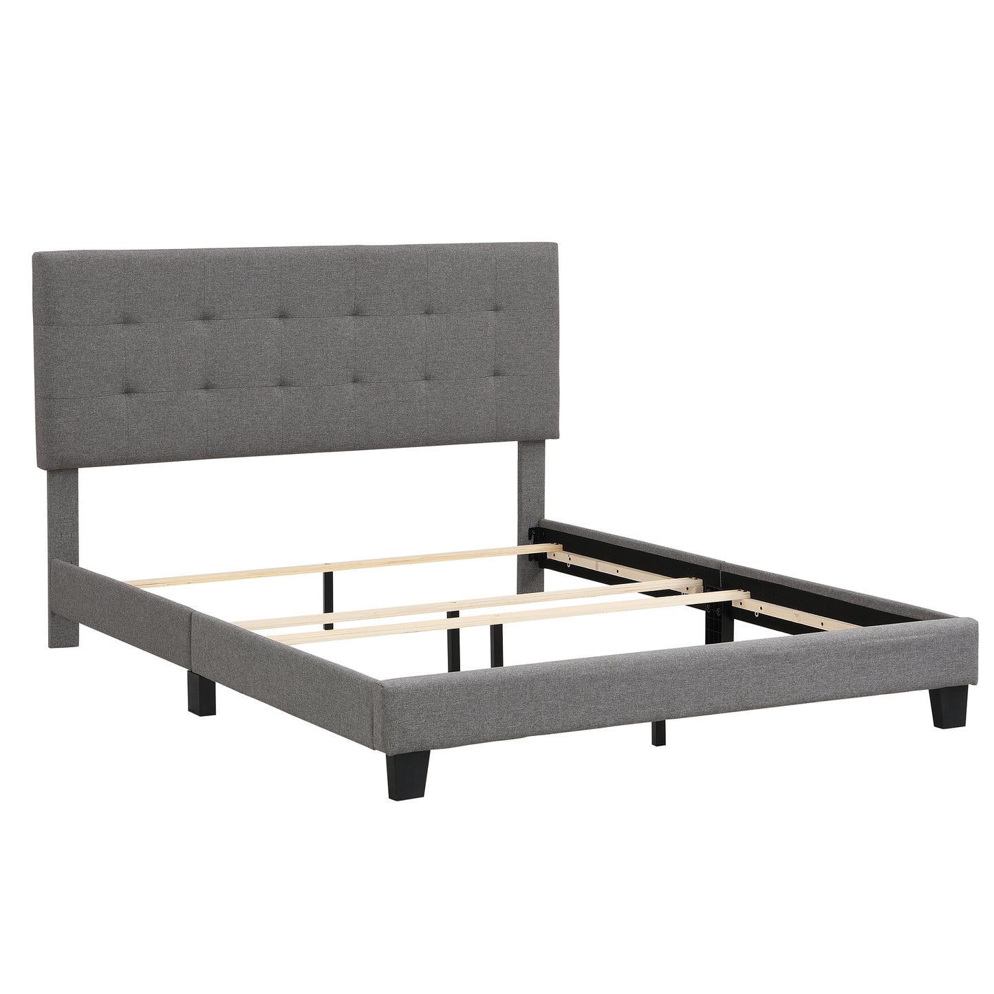 Upholstered Platform Bed Frame with Button Tufted Dark Grey Linen Headboard, Queen