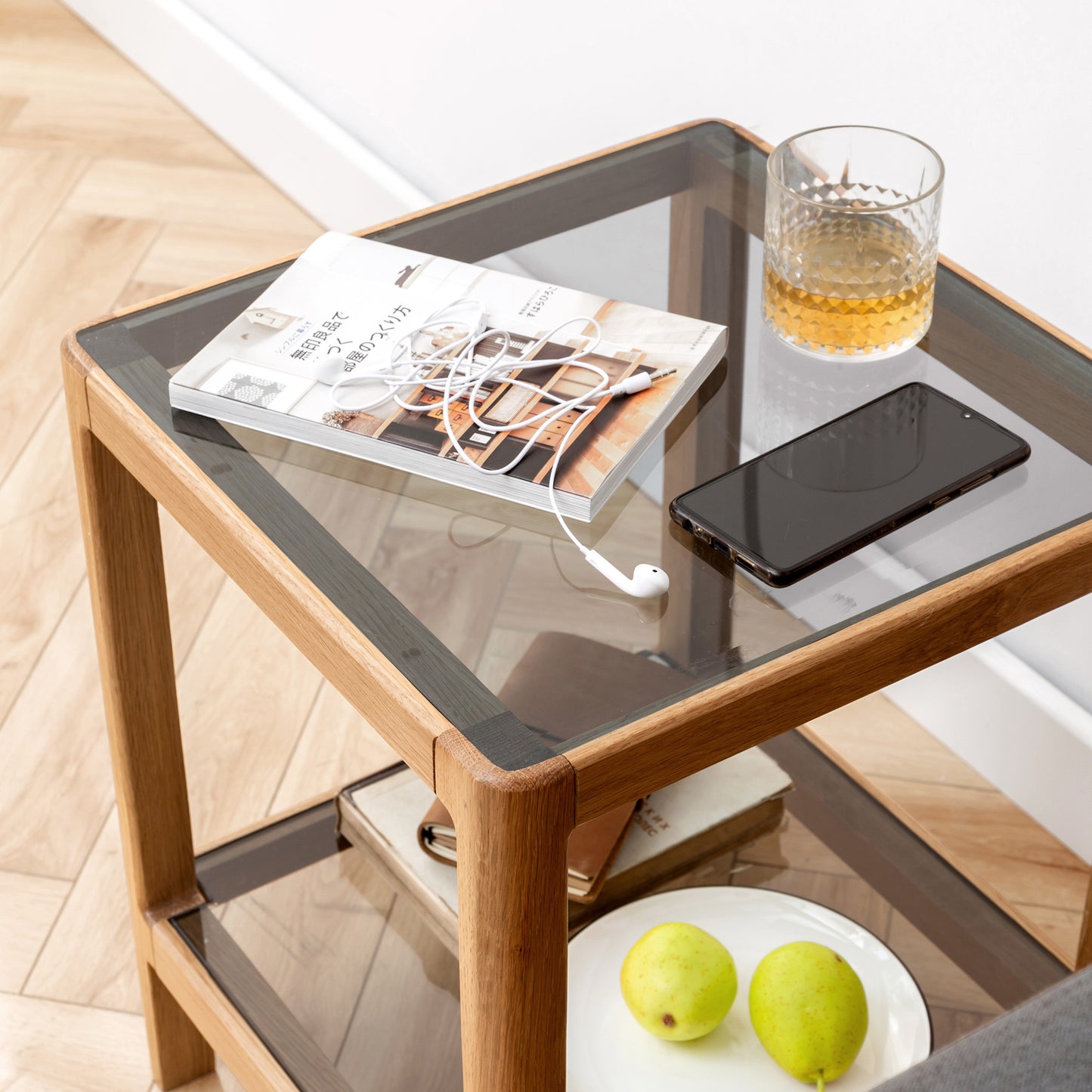 Solid Oak End Table with Tempered Glass, Light Oak