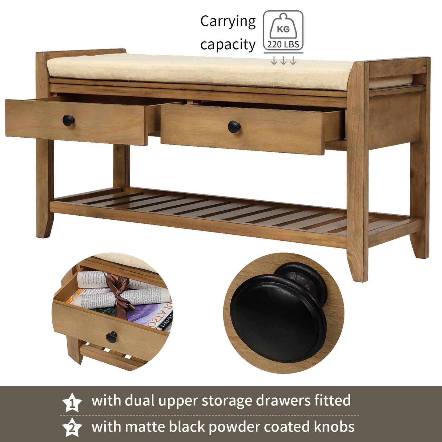 Shoe Rack Storage Bench with Cushioned Seat & Drawers, Old Pine