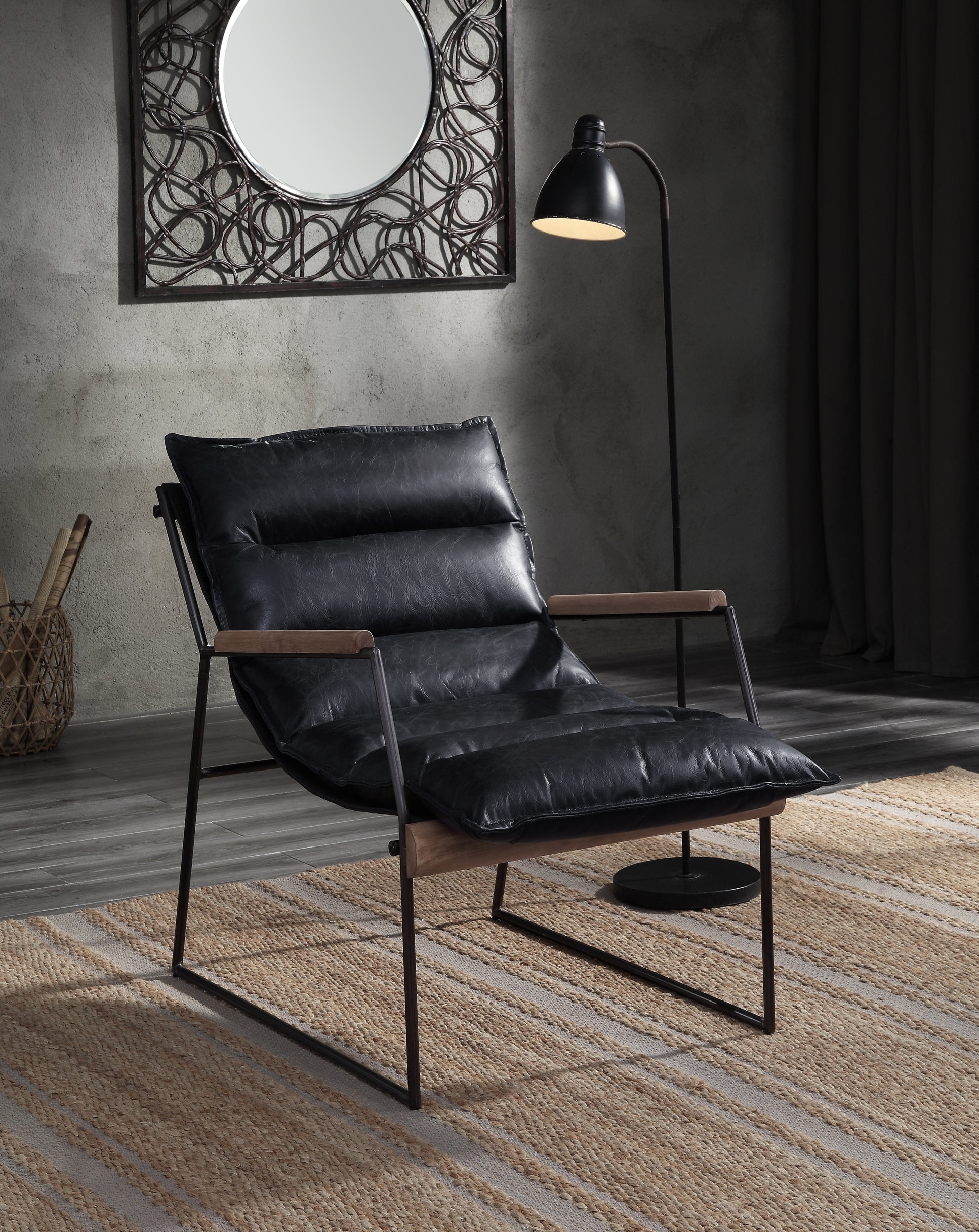 Luberzo Leather Accent Chair with Matt Iron Finish, Distress Espresso