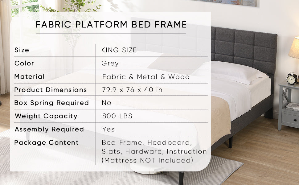 Fabric Upholstered King Size Platform Bed Frame with Headboard, Dark Grey