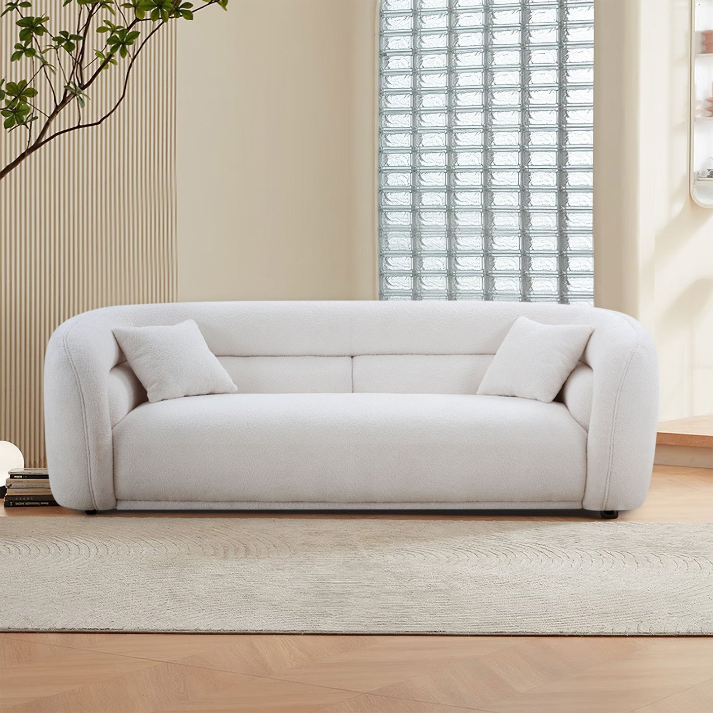 Curved 90.6" Boucle 3-Seat Sofa, White