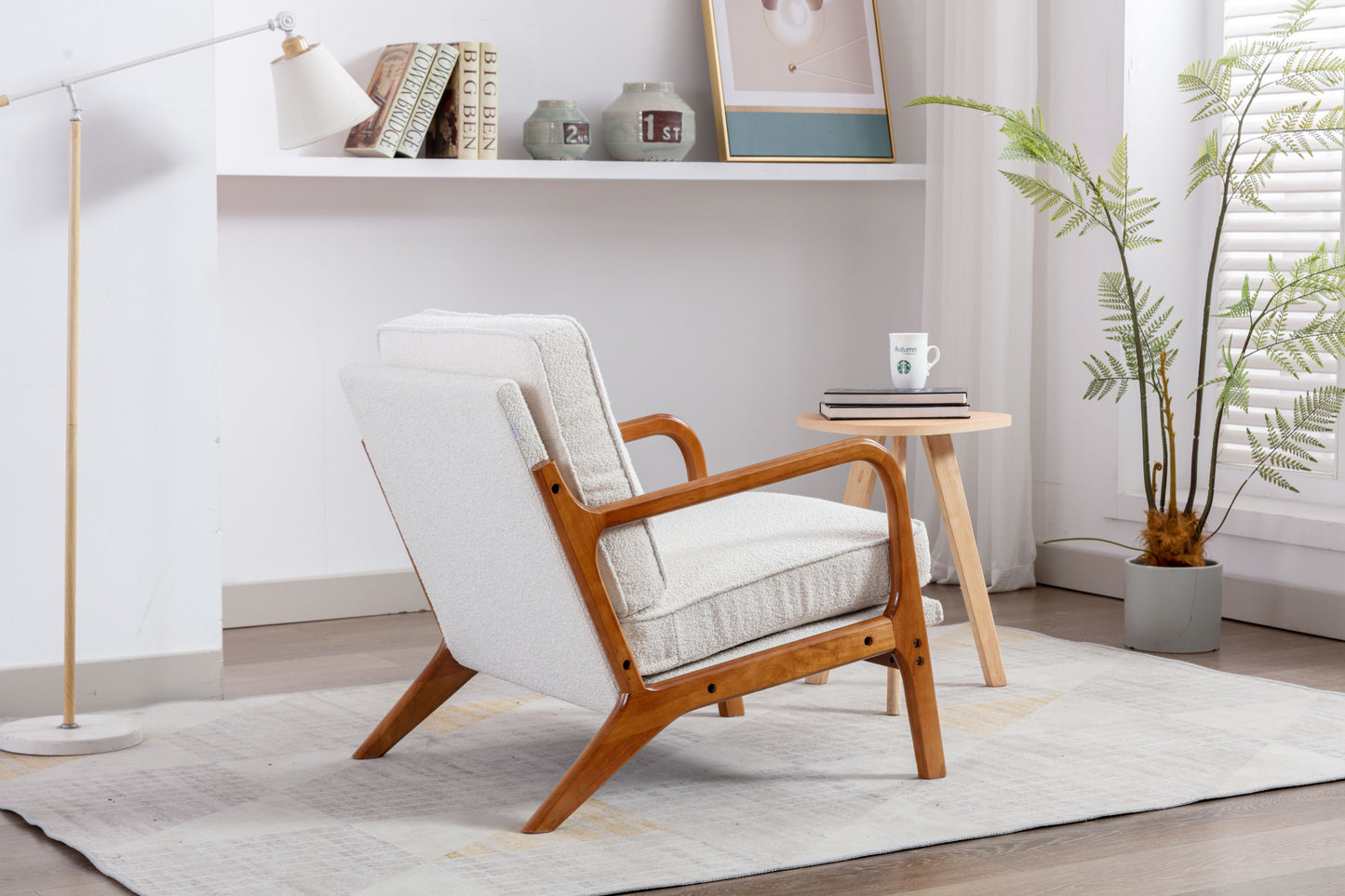 Wood Frame Accent Armchair with Fabric Cushion, Beige