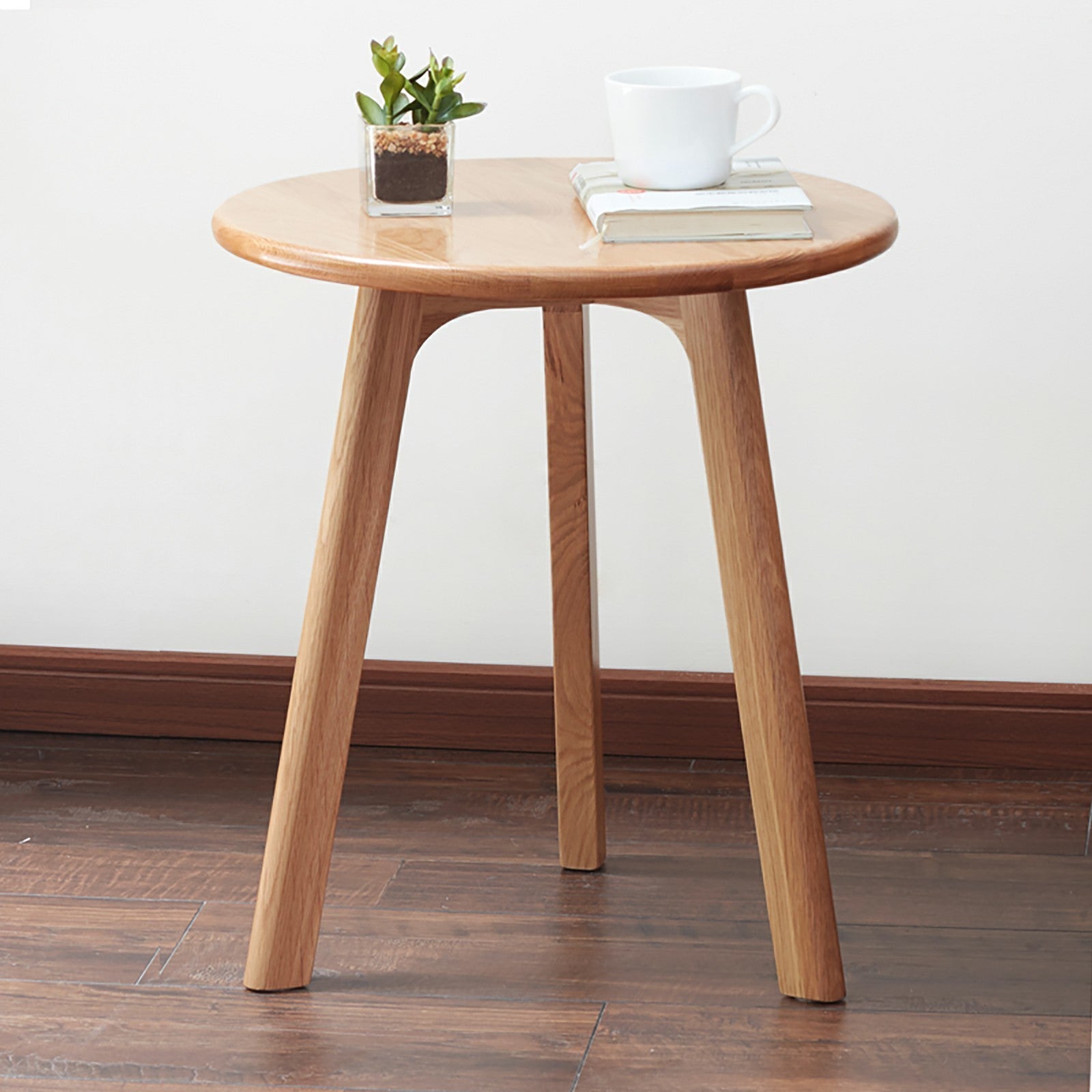 YESWOOD Solid Oak Small Round End Table, Light Oak