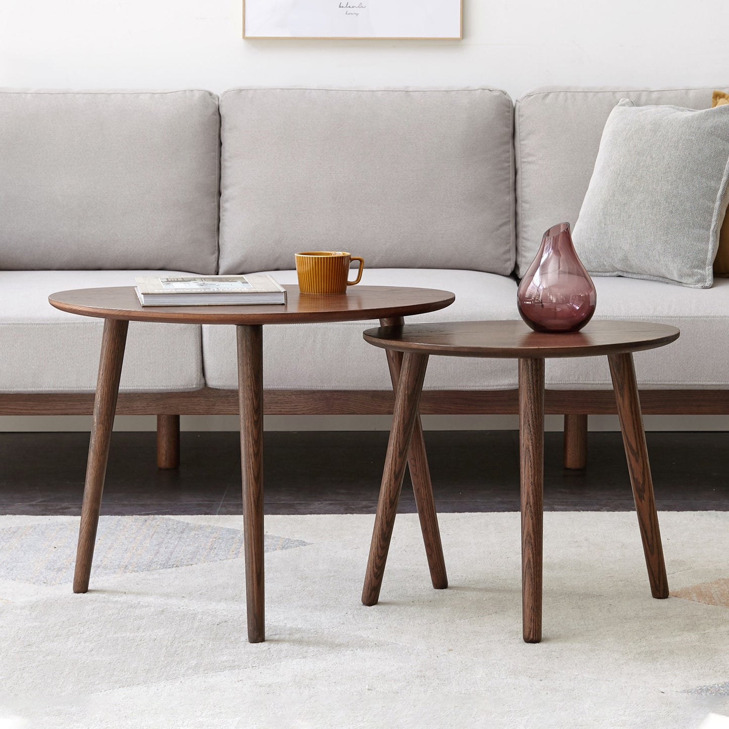 Solid Oak Pebble Shaped Coffee Nesting Table (33.5"), Dark Oak