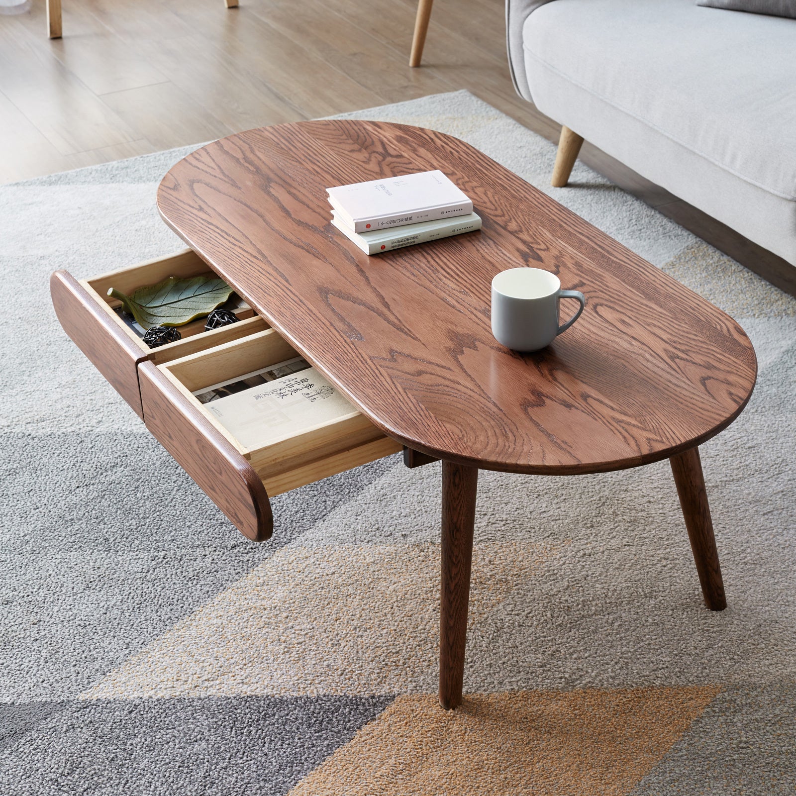 YESWOOD Solid Oak 47" Capsule Coffee Table with 2 Drawers, Dark Oak