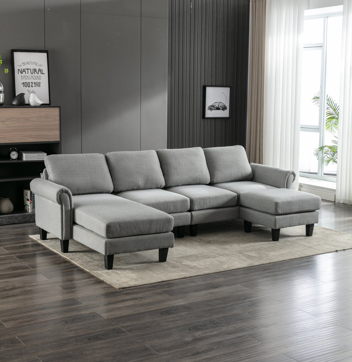 Linen Upholstered Sectional Sofa and Ottoman, Light Grey