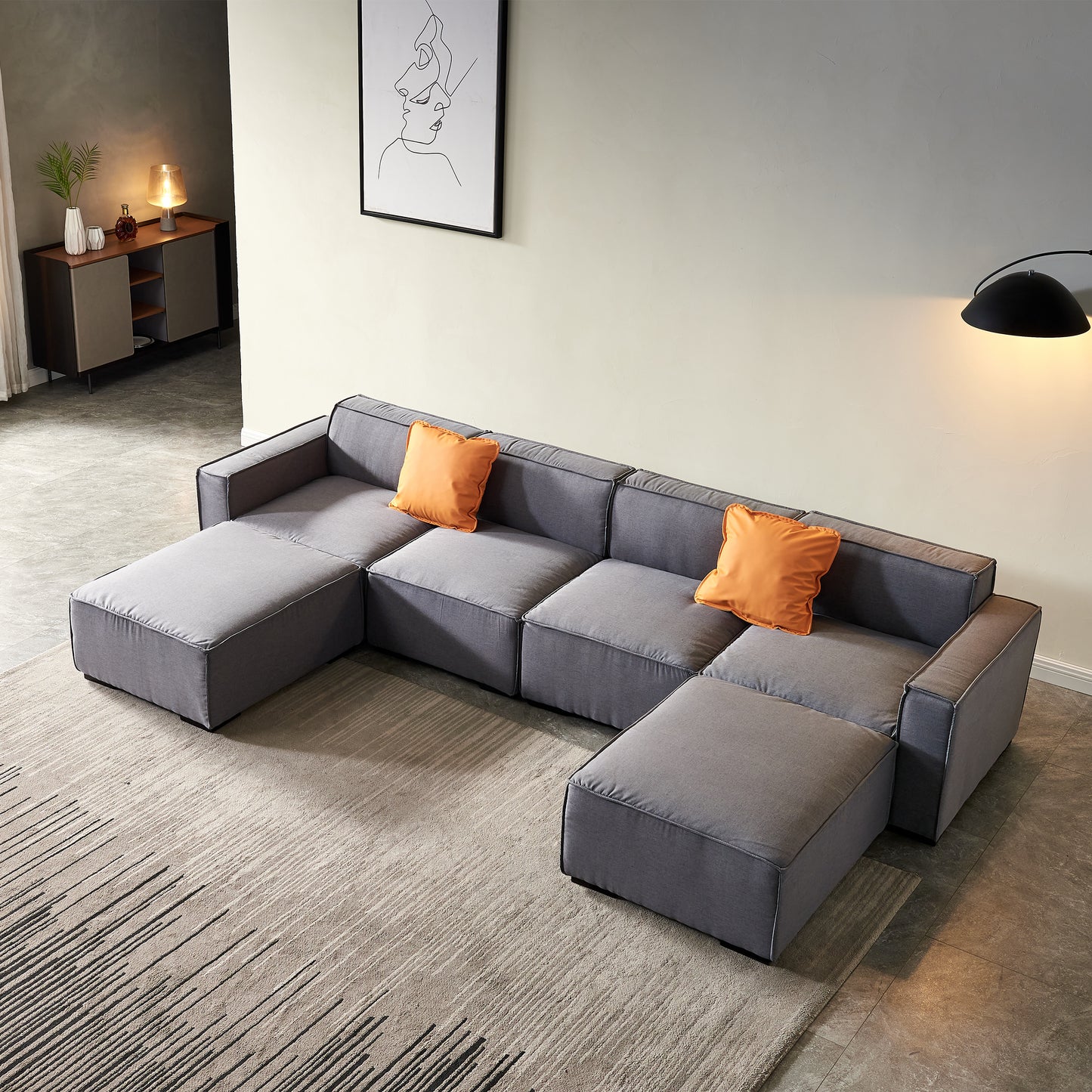 Modular U Shape Sectional Fabric Sofa, Grey