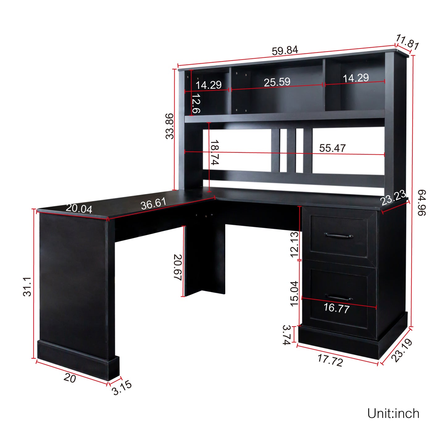 L-Shaped Computer Desk with Hutch, Antiqued Black