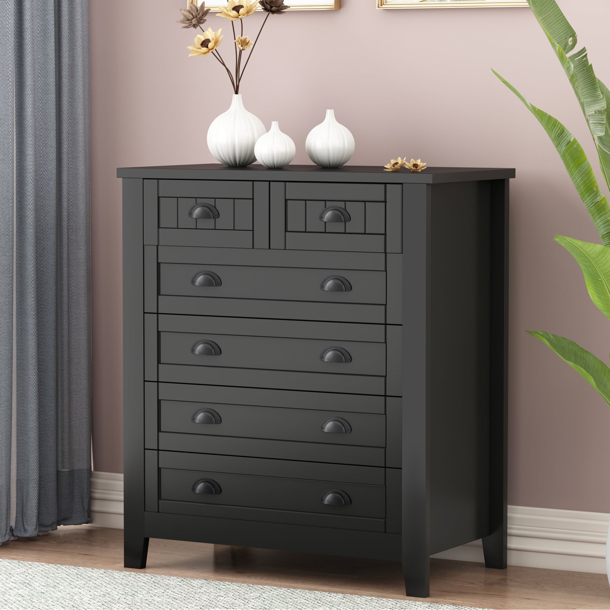 Contemporary Wooden 6 Drawer Tall Cabinet, Antique Black