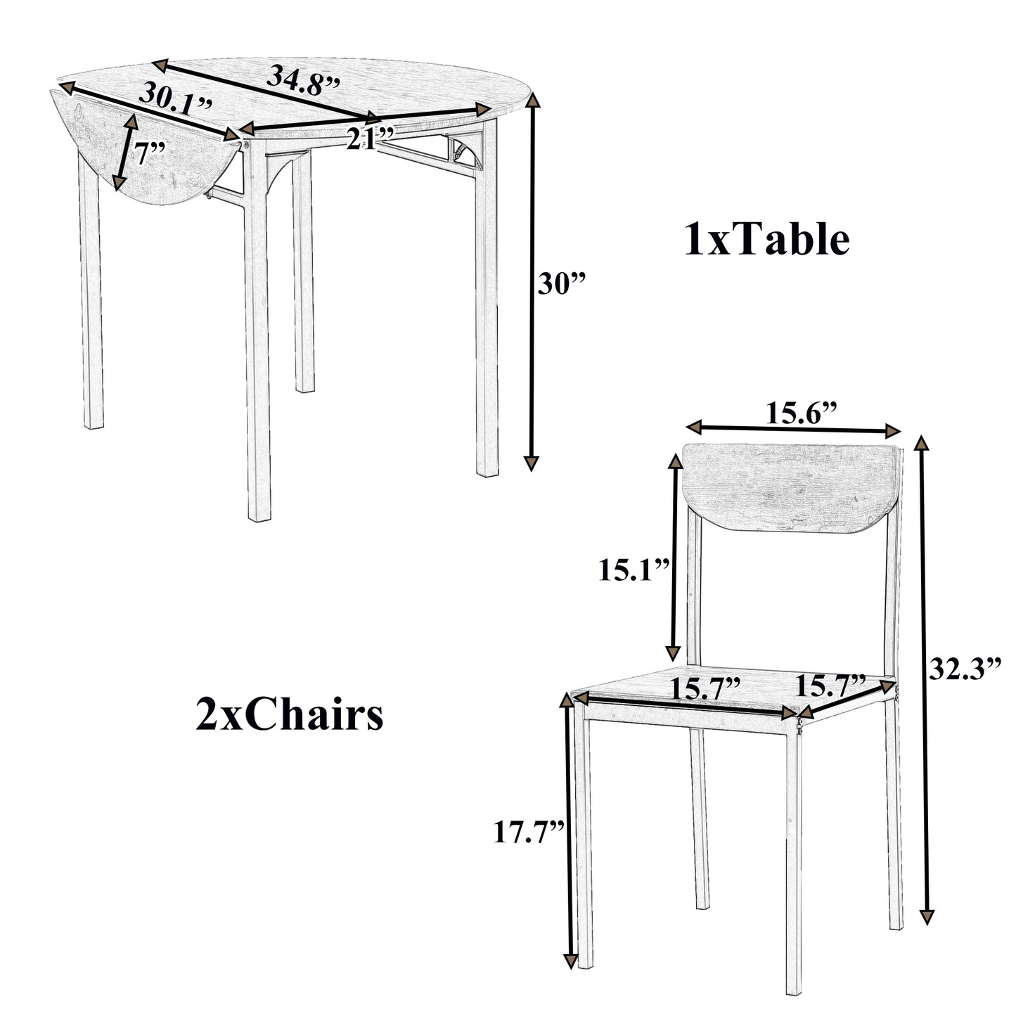 Compact 3-Piece Round Dining Table Set w/ Drop Leaf & 2 Chairs, Black Frame / Rustic Brown Finish