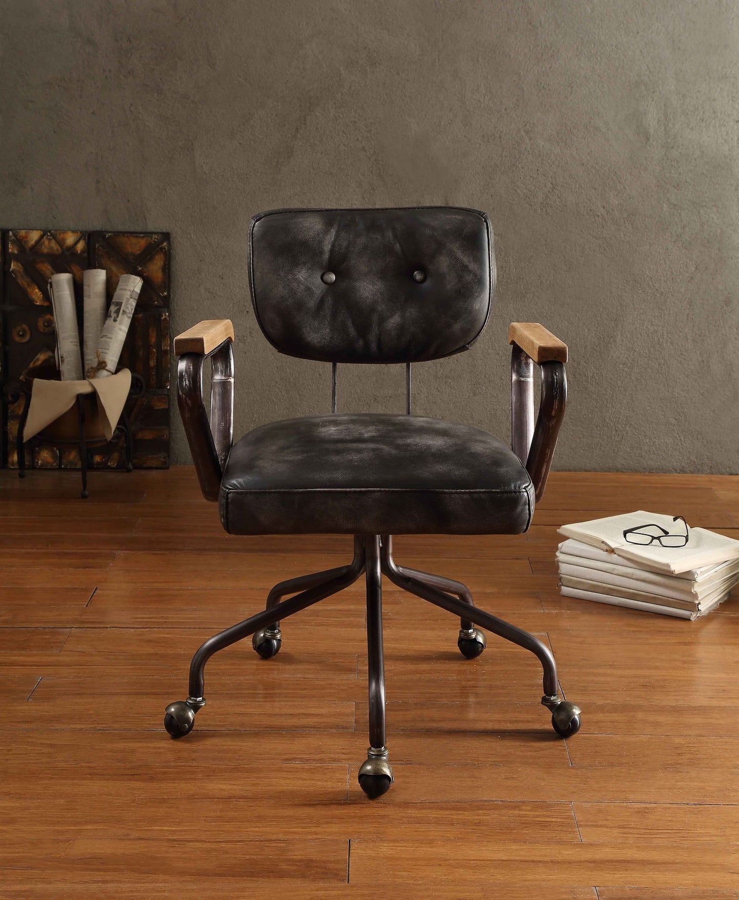 Hallie Top Grain Leather Office Chair, Vintage Black