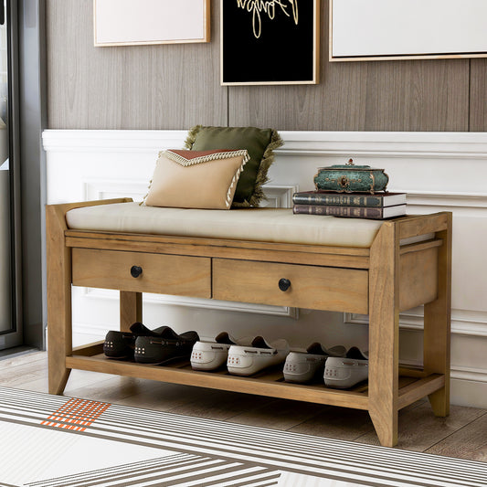 Shoe Rack Storage Bench with Cushioned Seat & Drawers, Old Pine