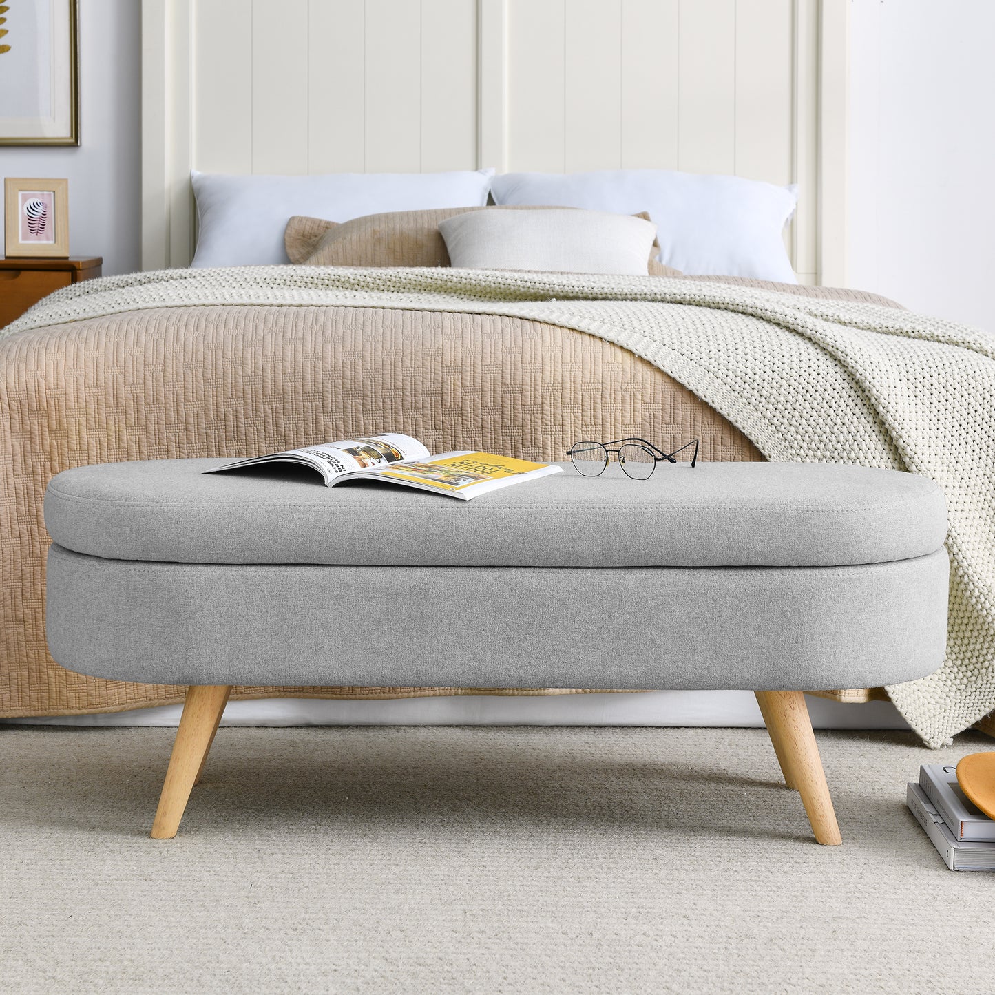 Oval Storage Bench with Wooden Legs