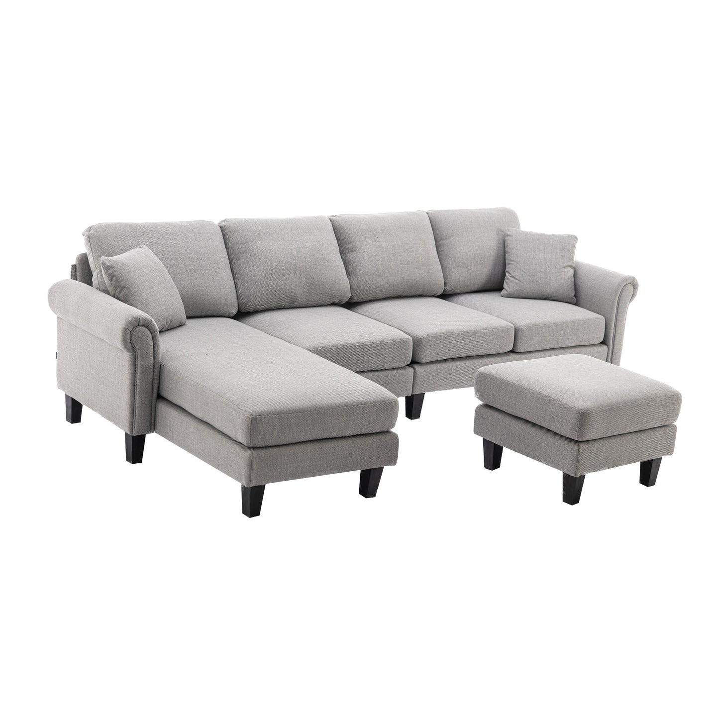 Linen Upholstered Sectional Sofa and Ottoman, Light Grey