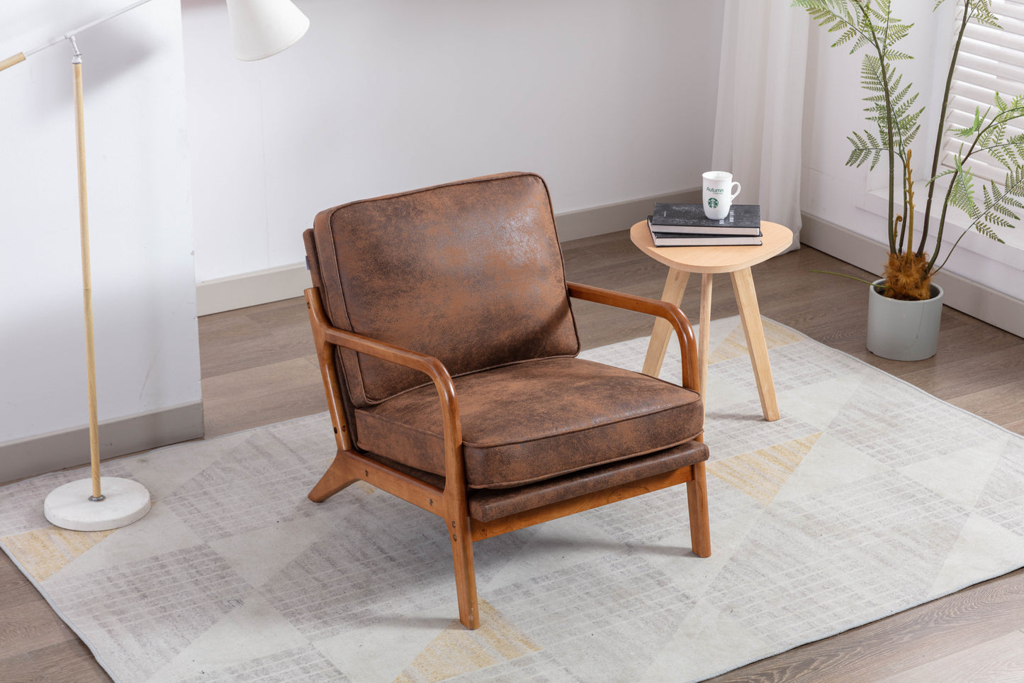 Wood Frame Accent Armchair With Pu Cushion, Coffee