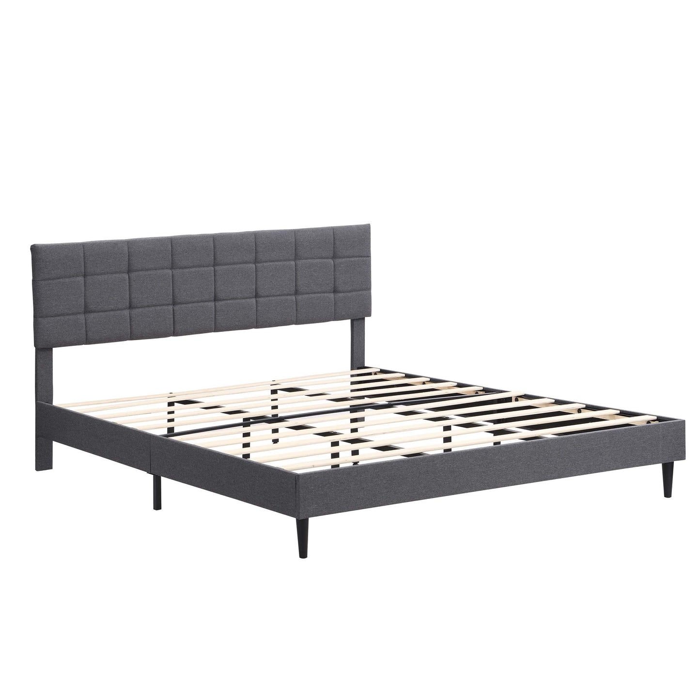 Fabric Upholstered King Size Platform Bed Frame with Headboard, Dark Grey