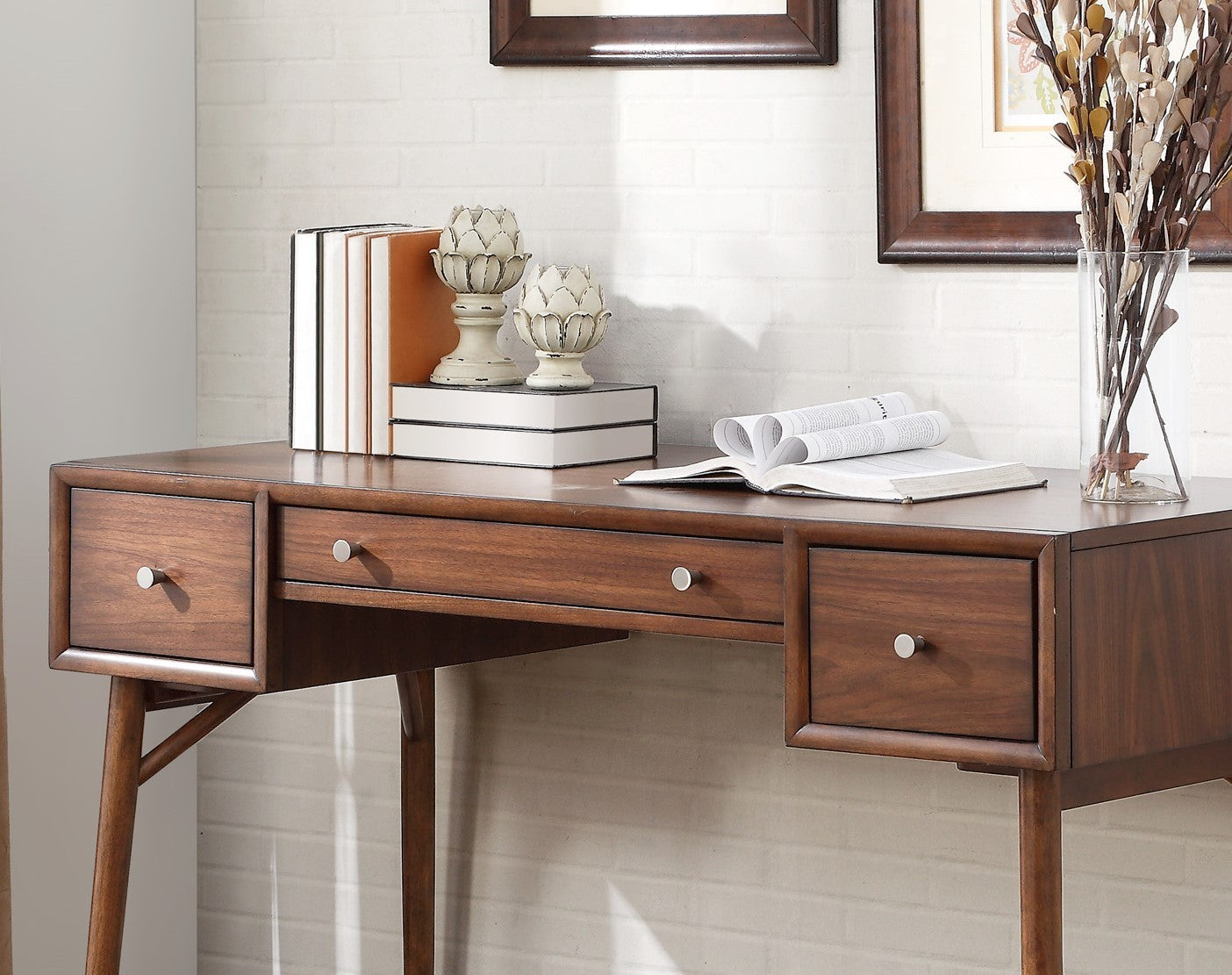 Counter Height Writing Desk with Nickel Knob Hardware, Brown