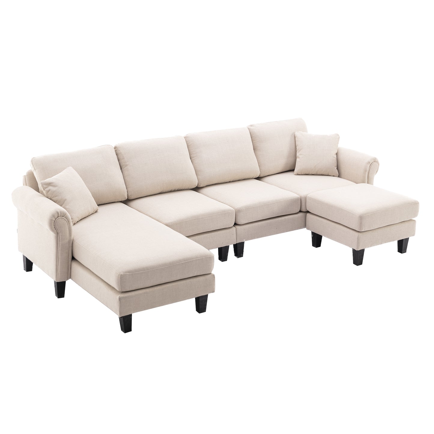 Linen Upholstered Sectional Sofa and Ottoman, Beige