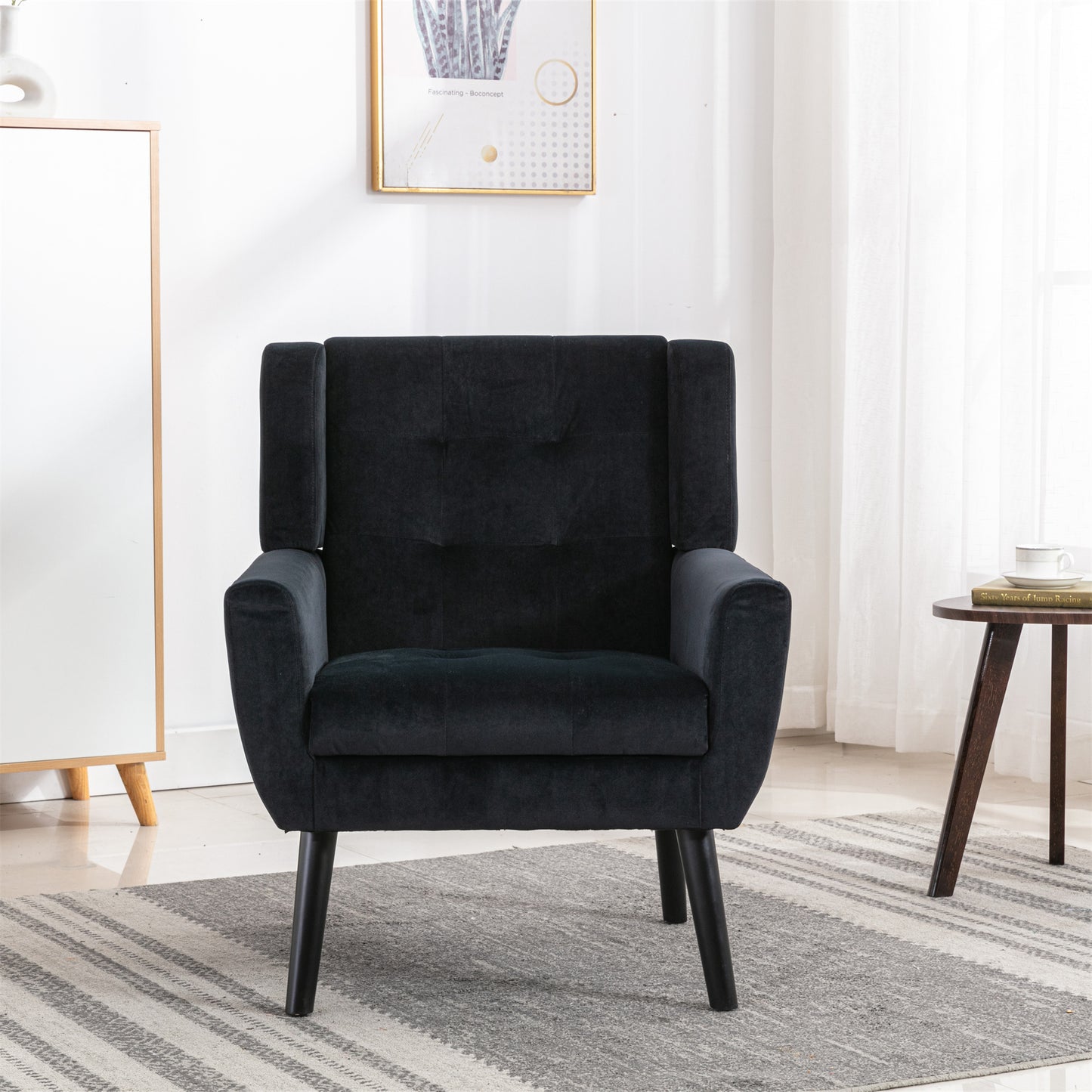 Soft Velvet Accent Chair With Black Legs, Black