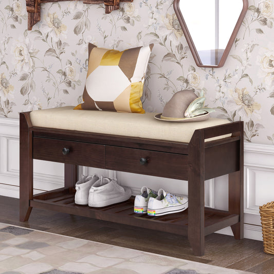 Shoe Rack Storage Bench with Cushioned Seat & Drawers, Espresso