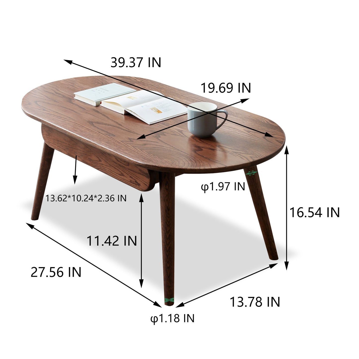 Solid Oak 40" Capsule Coffee Table with 2 Drawers, Dark Oak