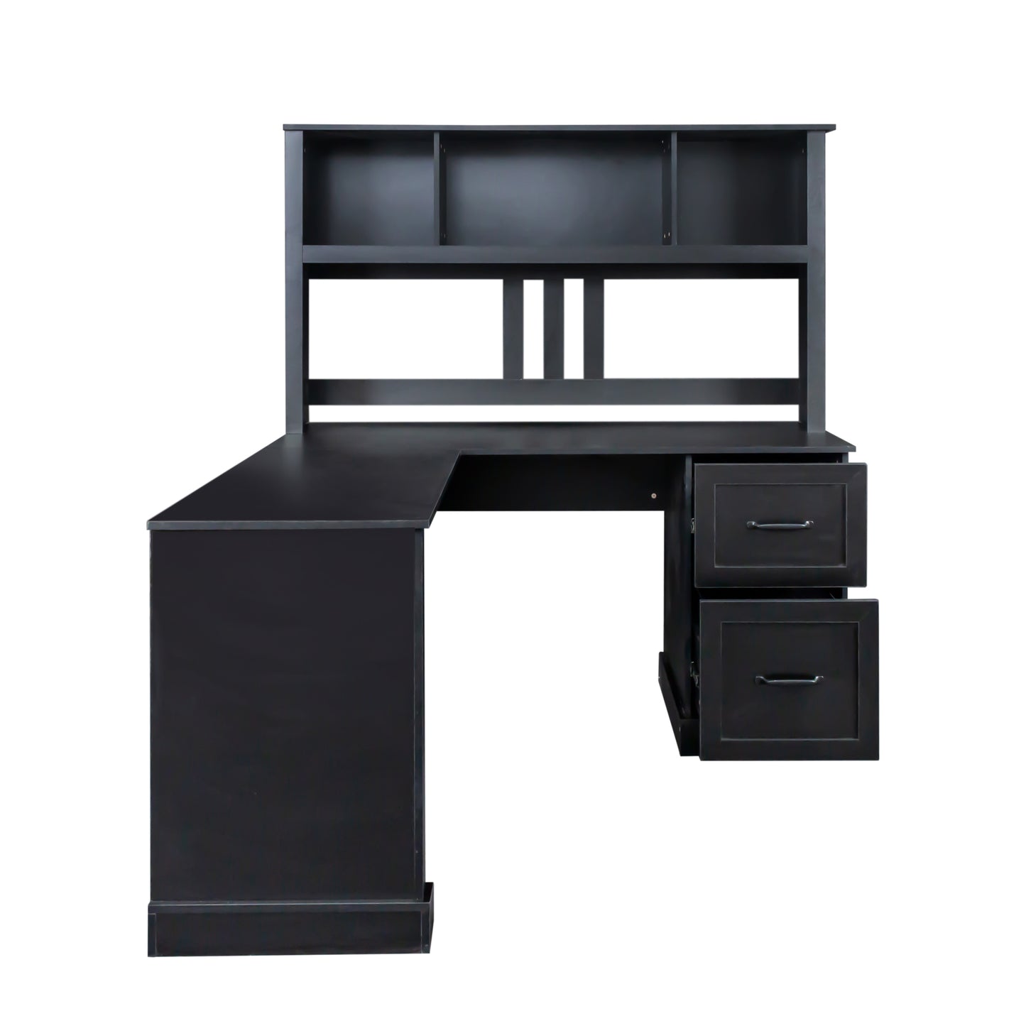 L-Shaped Computer Desk with Hutch, Antiqued Black