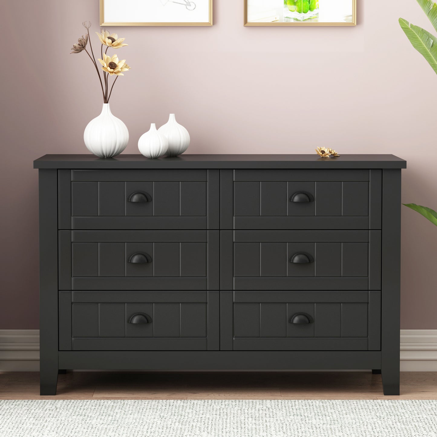 Contemporary Wooden 6 Drawer Wide Cabinet, Antique Black